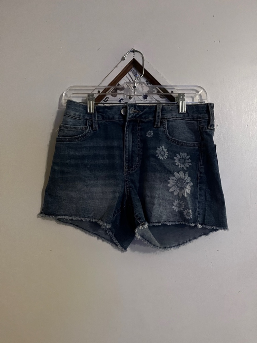 No Boundaries Dark Blue Denim Shorts with White Floral Accent